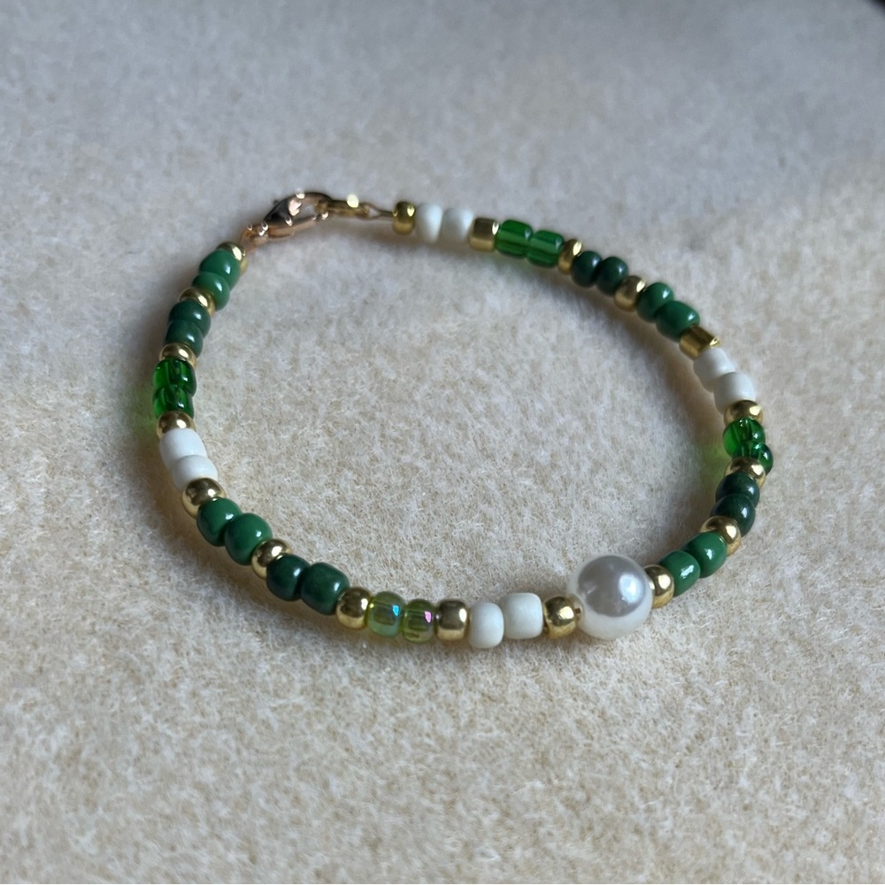 *2 for $20* Green, White, and Gold Beaded Bracelet